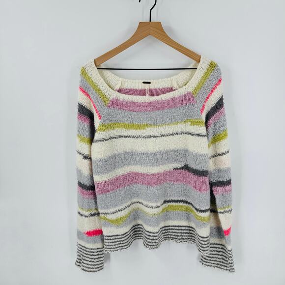 Free People Montmartre Pullover Striped Knit Boat Neck Wool Blend Size L Large - Picture 2 of 8